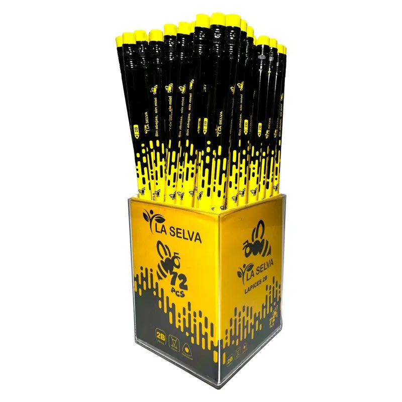 Lapiz negro diseños abeja 2B mina 2.4mm madera negra La Selva 72pcs