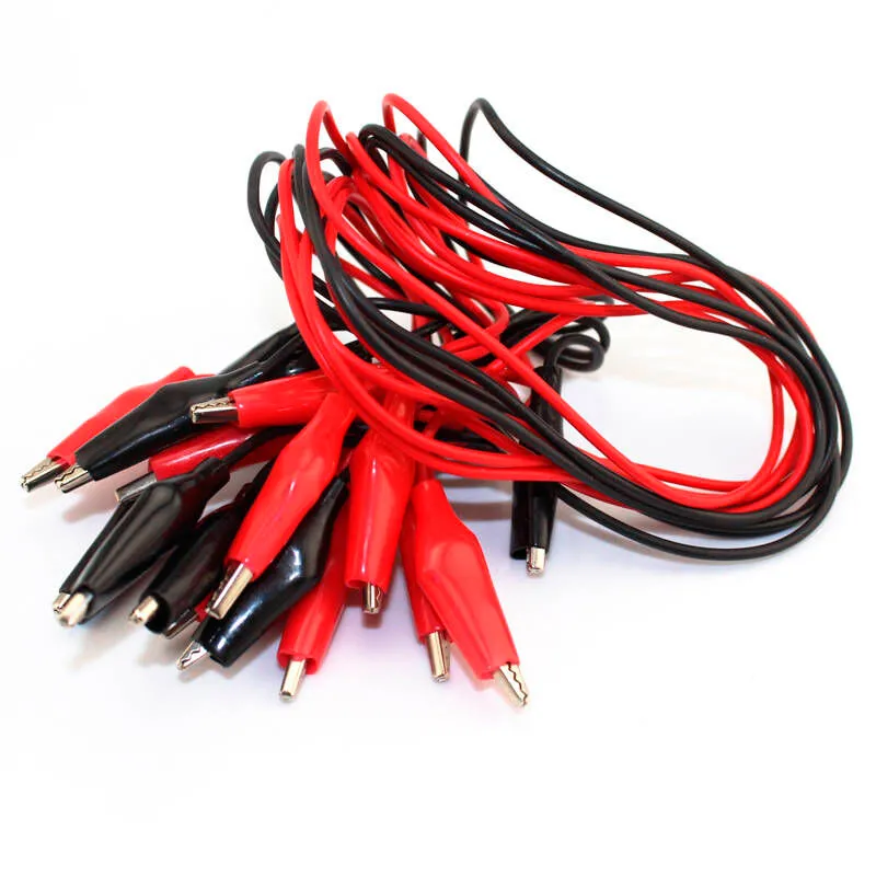 Robotica - Par de cable + pinza/caiman/cocodrilo rojo y negro 50 cm aprox.