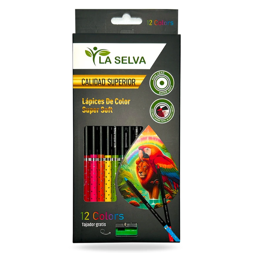 Color largo redondo mina 4mm SUPER SOFT madera negra La Selva de 12 colores + tajador