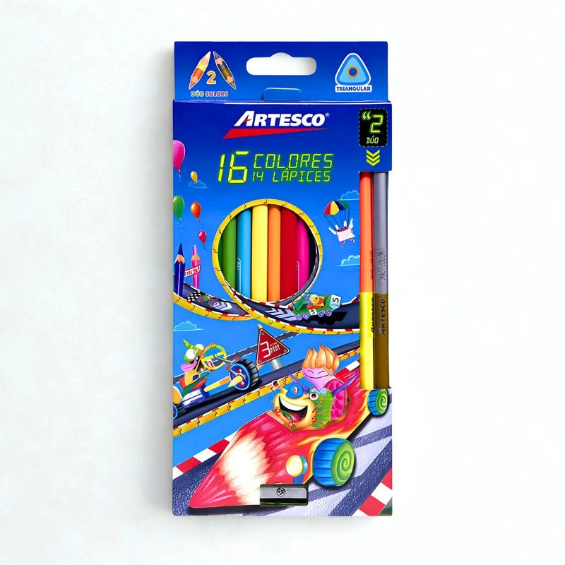 Color largo triangular mina de 3MM Artesco de 16 Colores, 14 lapices + tajador