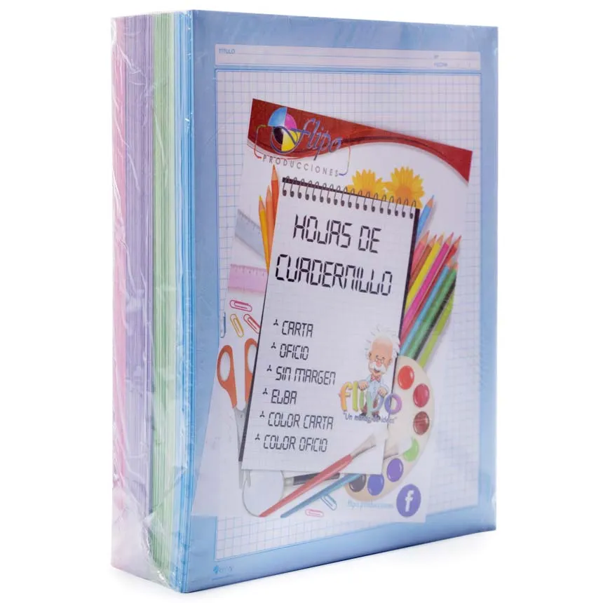 Hojas cuadernillo Oficio color (100 Paquetitos de 5 hojas)