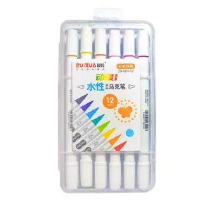 Marcador a base de agua doble punta biselado y redondo 4/1.2mm Zuixua estuche rigido 12 colores